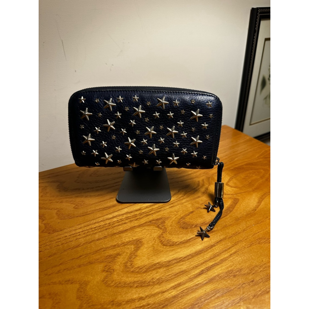 Jimmy Choo Blue Leather Star Studded Zip Around Wallet